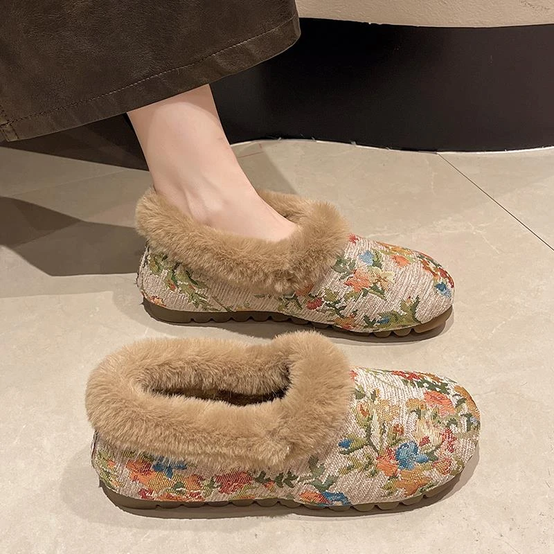 老北京绣花保暖毛毛鞋女加厚加绒一脚蹬豆豆鞋孕妇保暖妈妈棉鞋