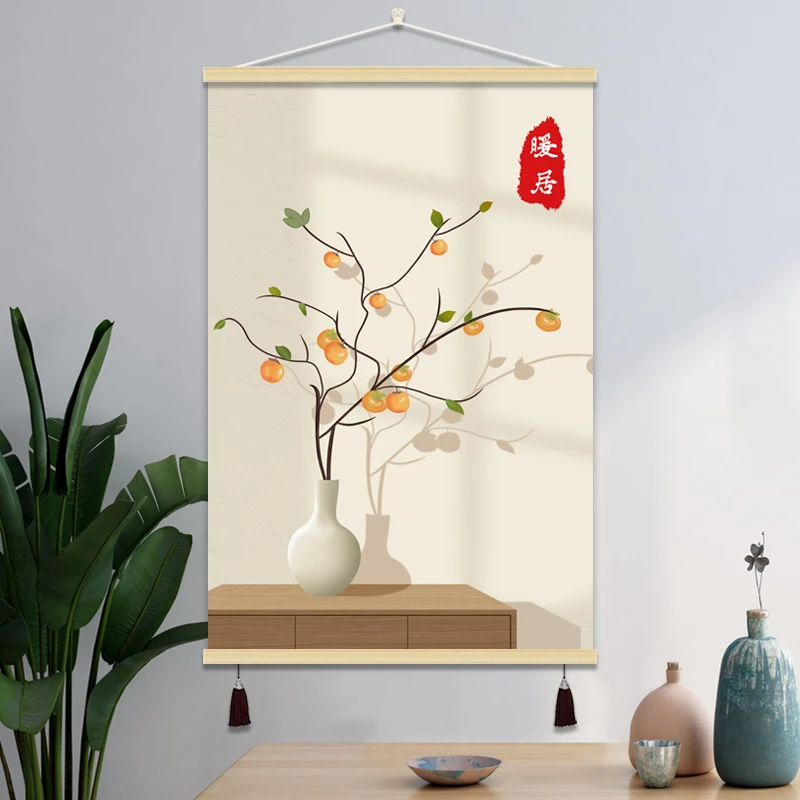 简约清新装饰挂画卧室客厅餐厅墙面装裱画实木卷轴布艺免打孔挂画