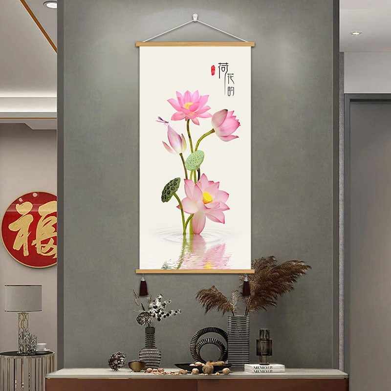 茶室挂画荷花装饰画卷轴玄关客厅餐厅卧室酒店办公室免打孔挂画