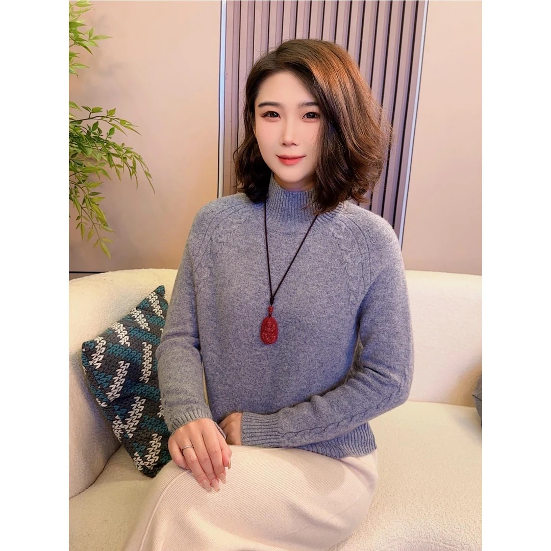 【暖奢】半高纯羊毛圆领套头纯色针织衫