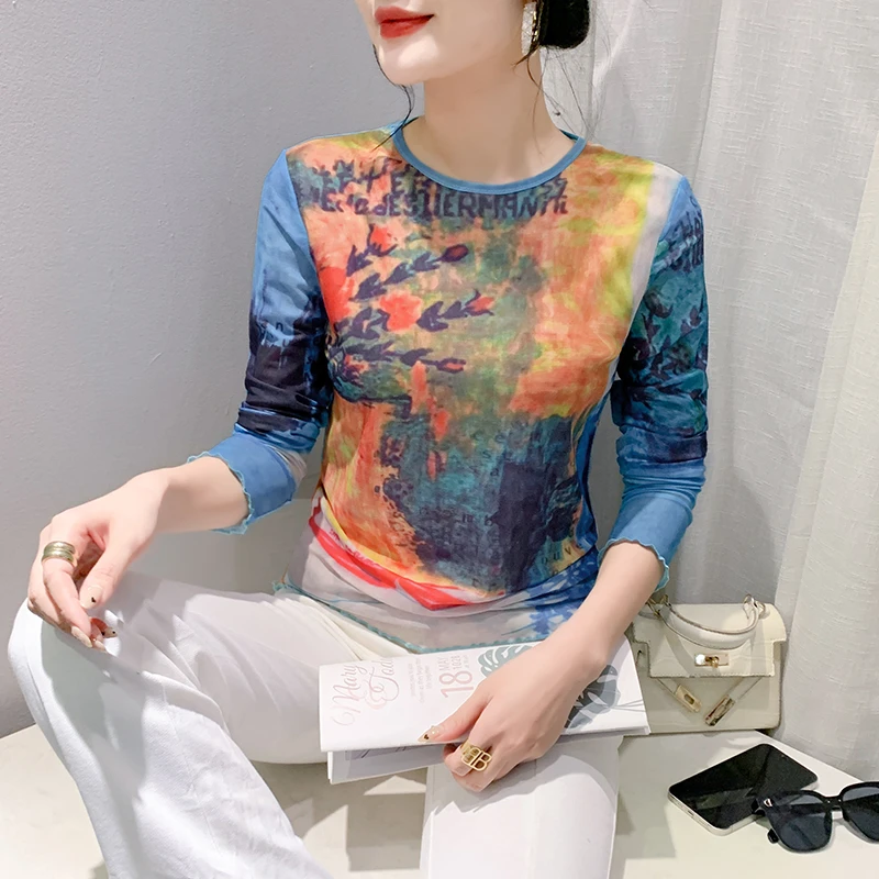 欧货2024秋季修身时尚个性印花圆领长袖T恤女显瘦百搭休闲打底衫