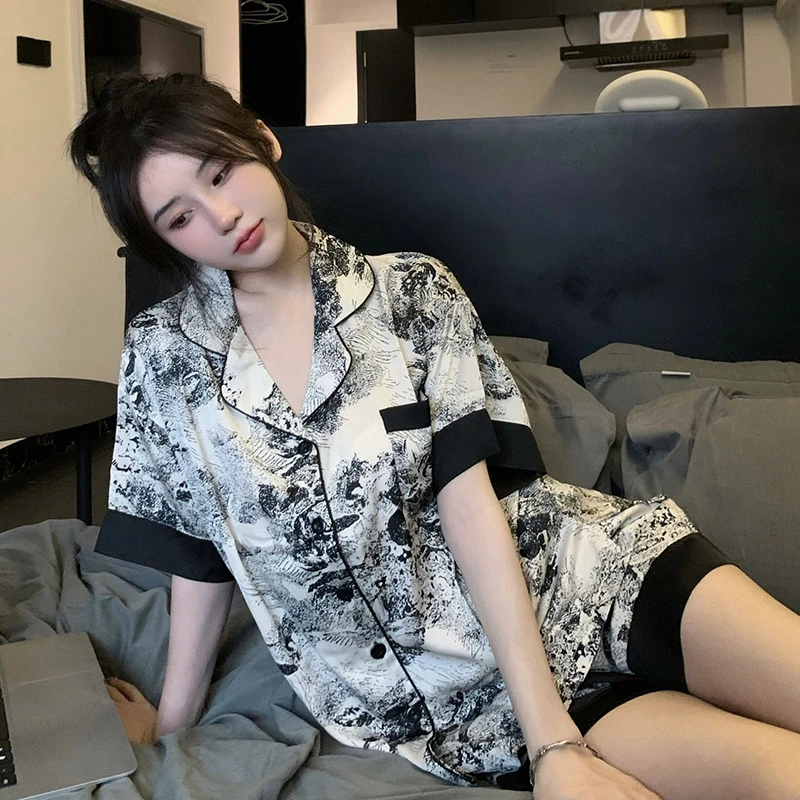 高级感水墨画休闲大码短袖睡衣短裤套装女夏季网红国风印花家居服
