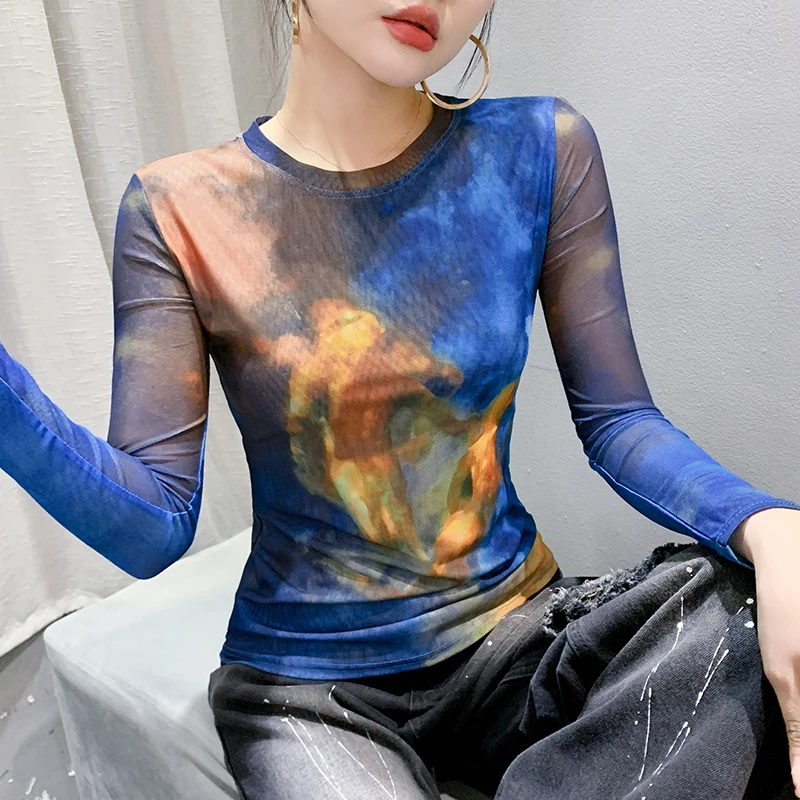 欧货小衫2025春秋时尚纱网印花定位花长袖圆领修身显瘦洋气上衣潮