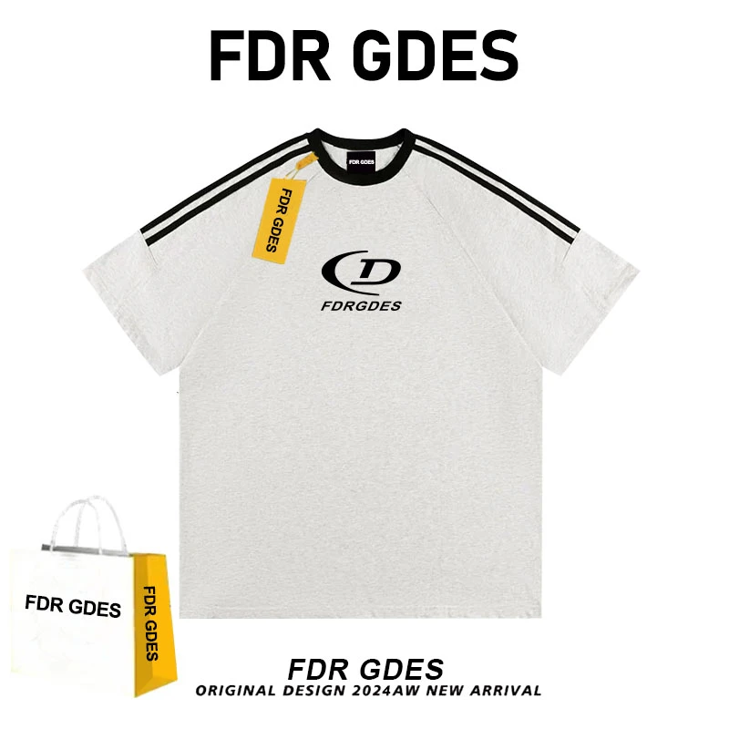 FDR GDES国潮美式复古拼接插肩短袖t恤男女款夏高街F宽松织带上衣