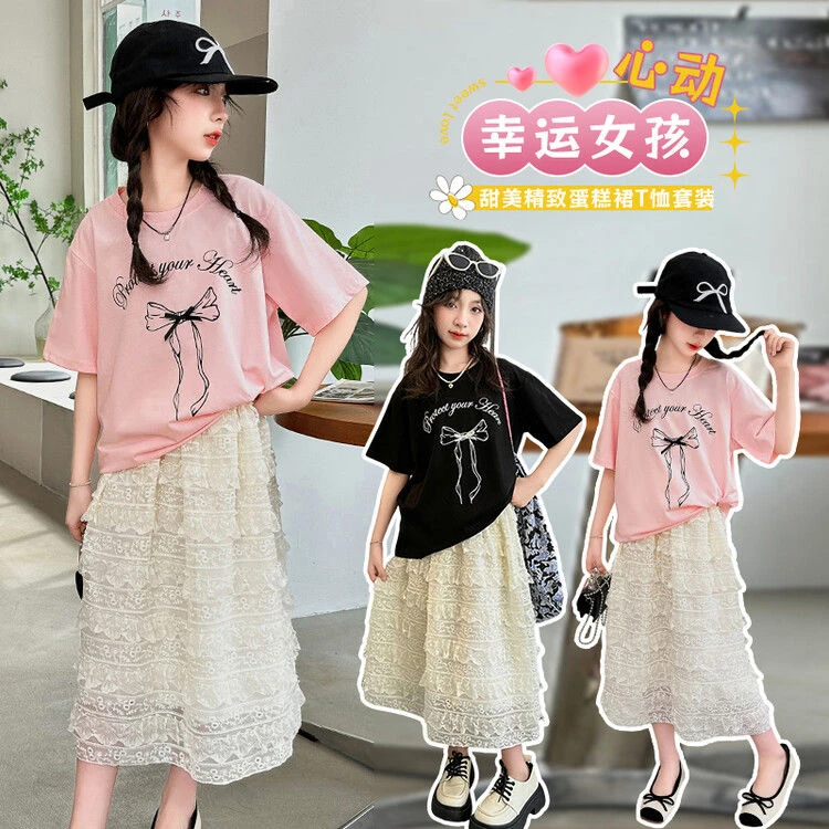 LCXFS【T恤】夏季时髦新款甜美风蝴蝶结印花女童休闲T恤99042