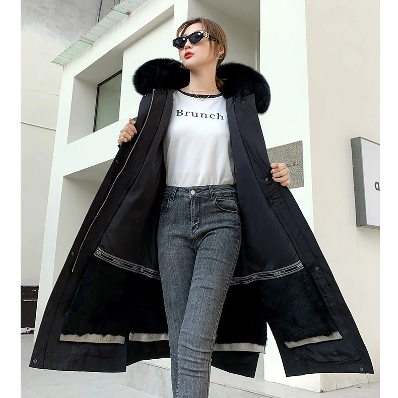 冬季派克服女过膝长款兔毛内胆派克服女可拆卸狐狸毛领连帽大码
