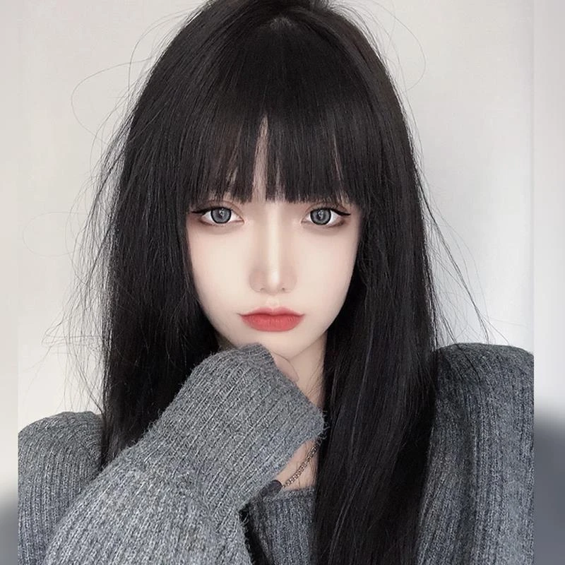 网红漫画刘海假发女长发修脸减龄黑色长直发日常自然假毛全头套式