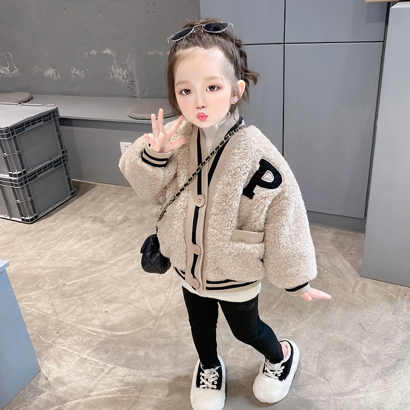 女童外套洋气秋冬装2023新款儿童装加厚棒球服宝宝保暖毛毛衣服潮