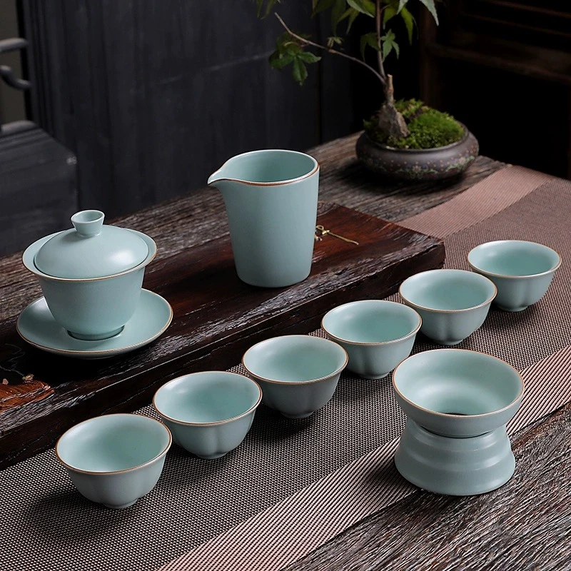 石福记茶具茶杯家用简约客厅办公整套茶具盖碗公道杯汝窑茶杯送礼