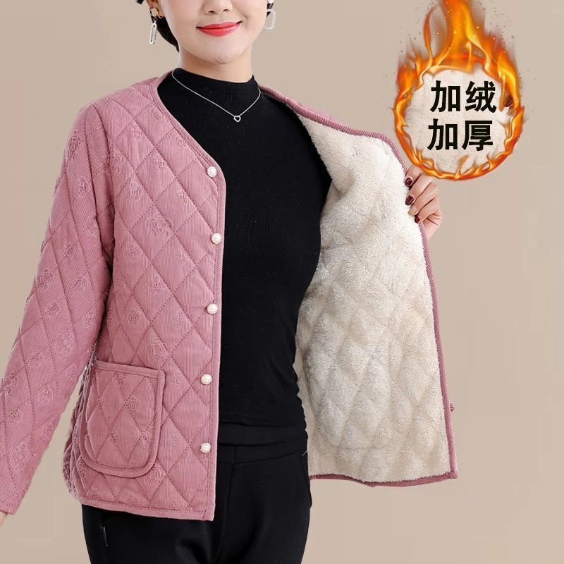 2024秋冬季新款棉袄妈妈装加绒中老年小香风珍珠扣外套棉衣棉服