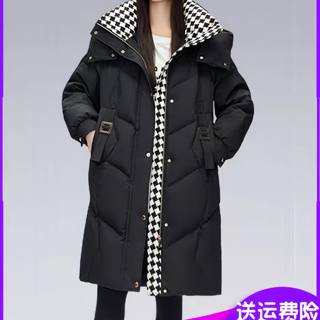 【黑金小香风】棉衣女中长款冬新款撞色拼接棉袄帽子韩版棉服时尚