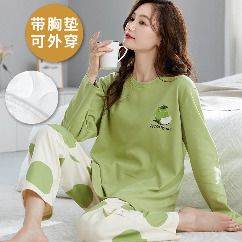 女士春秋款纯棉带胸垫长袖套装2025新款大码防凸点睡衣家居服外穿