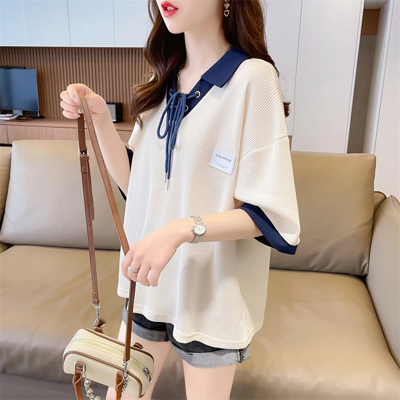 设计感小众polo领短袖t恤女夏韩版华夫格宽松撞色时尚假两件上衣