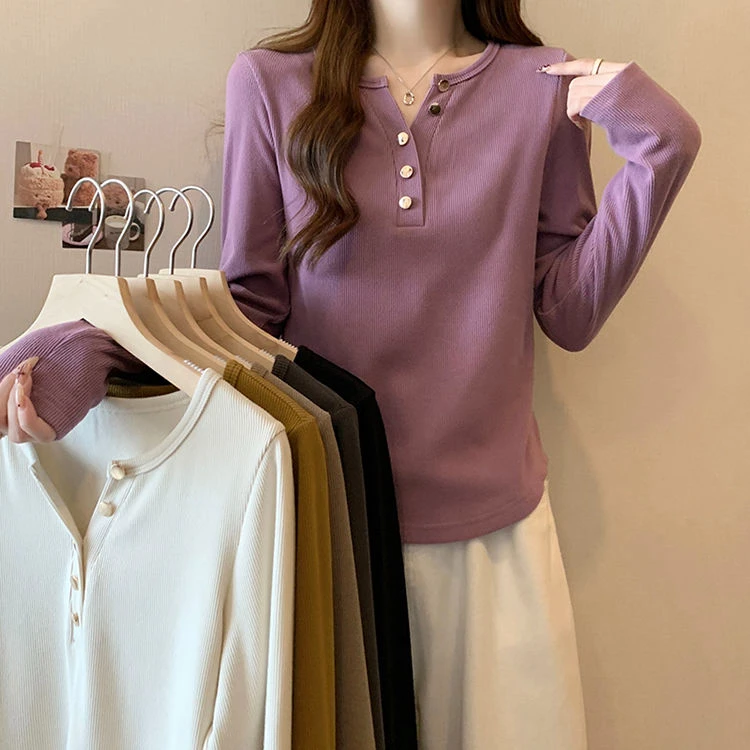 大码女装2024秋季新款胖mm时尚纯色百搭半开领长袖正肩打底衫T恤