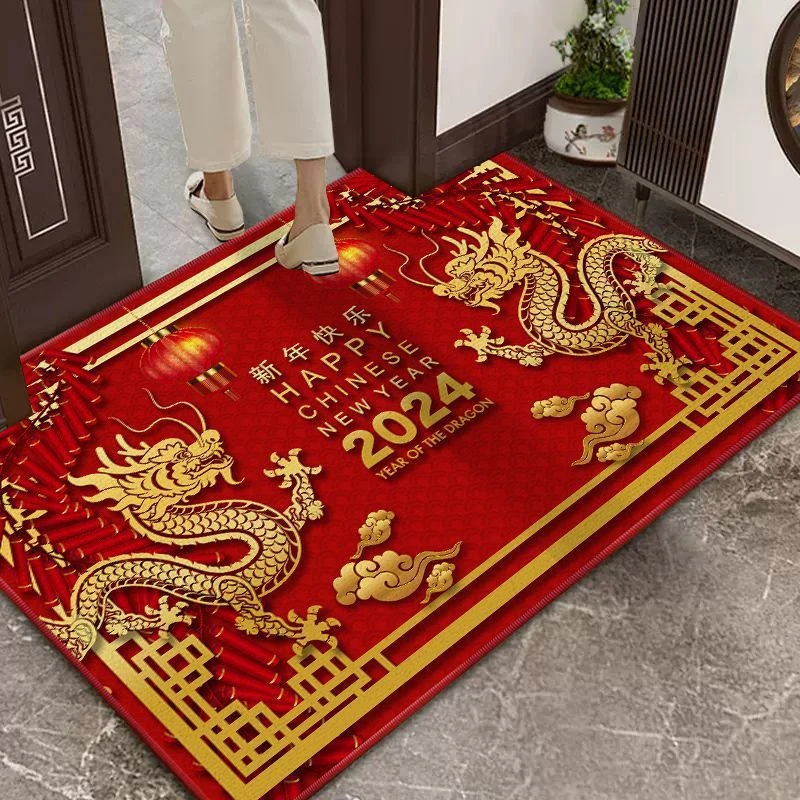 2024龙年新年硅藻泥入户地垫红色玄关进门垫吸水防滑蹭土喜庆地毯