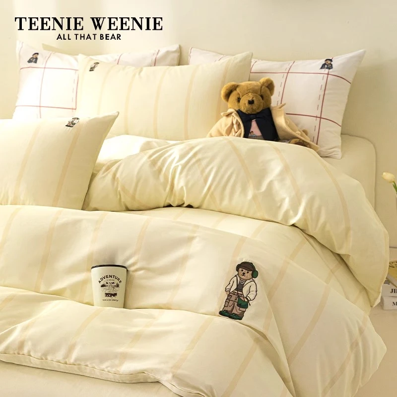 TeenieWeenie小熊全棉四件套奶油黄条纹被套四季床品家用纯棉床单