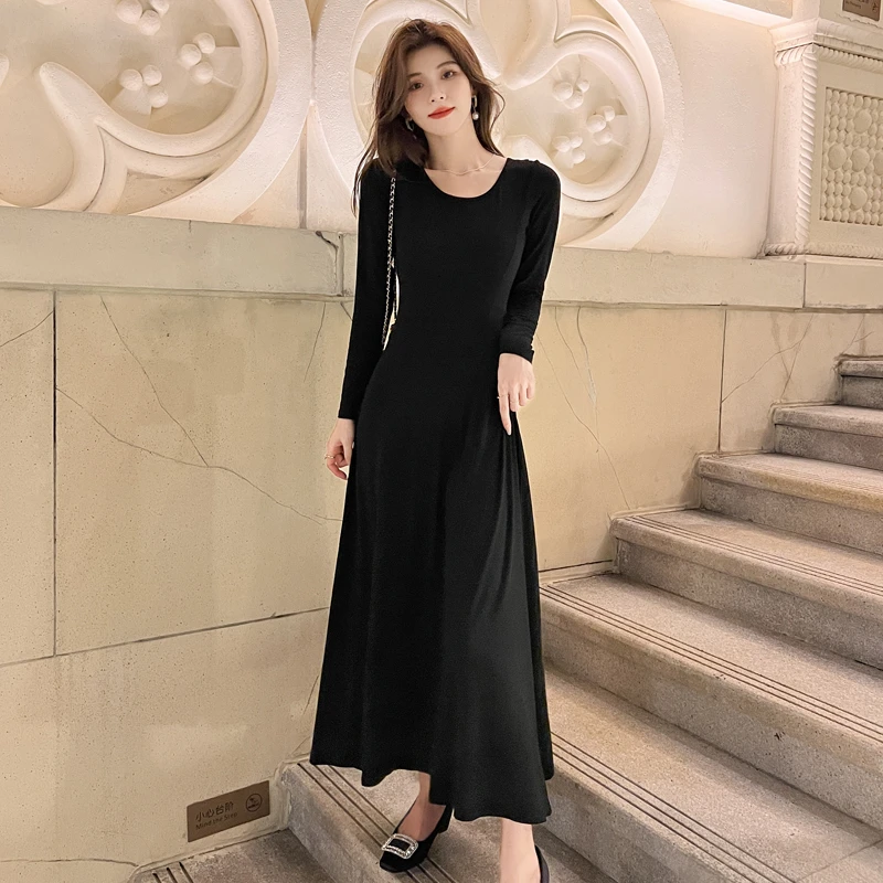 莫代尔连衣裙女2025春季新款及踝U领大摆长裙长款修身显瘦打底裙