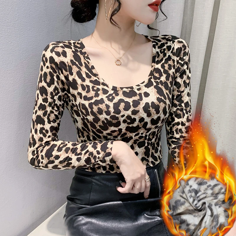 欧洲站春季时尚豹纹t恤女2025新款长袖上衣圆领修身显瘦打底衫女