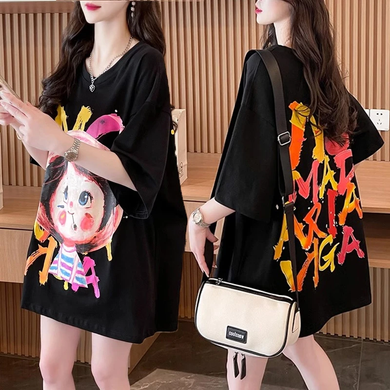 大码胖mm中长款纯棉短袖T恤女夏季新款韩版宽松百搭300斤显瘦上衣