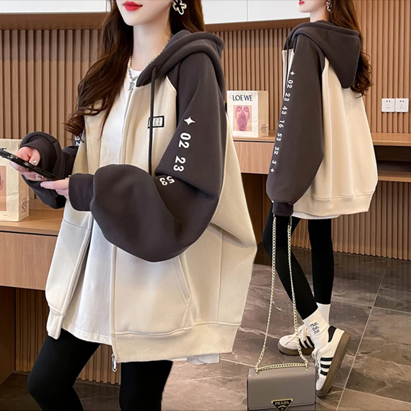 拼色刺绣连帽设计感薄款卫衣女秋冬新款韩版宽松百搭大码拉链外套