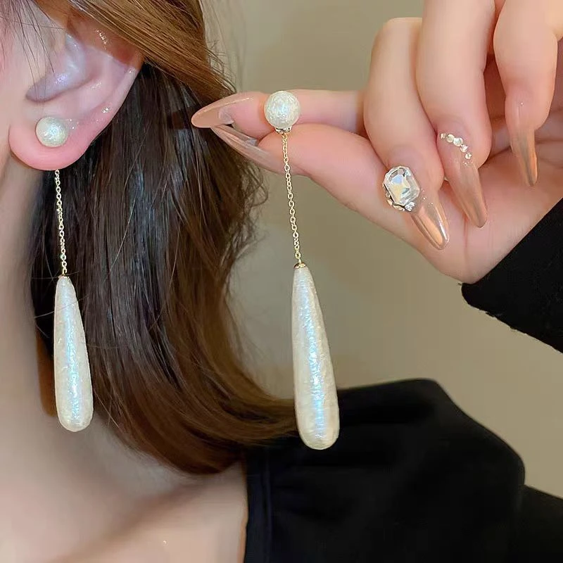 合金耳饰 气质轻奢棉花珠流苏耳环百搭法式小众简约两戴优雅耳钉