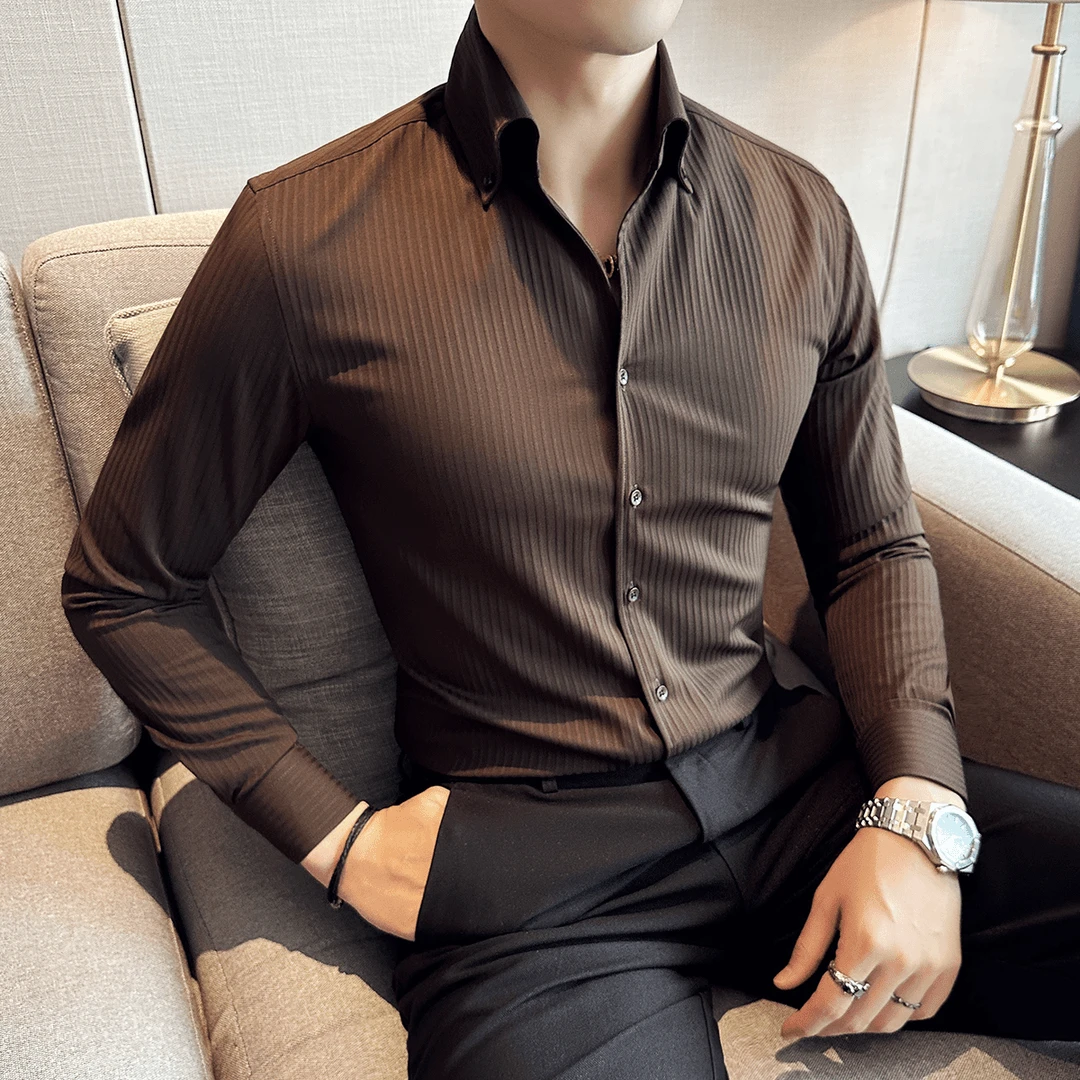 新款条纹衬衫男长袖高级感英伦雅痞商务休闲潮流帅气正装寸衫百搭