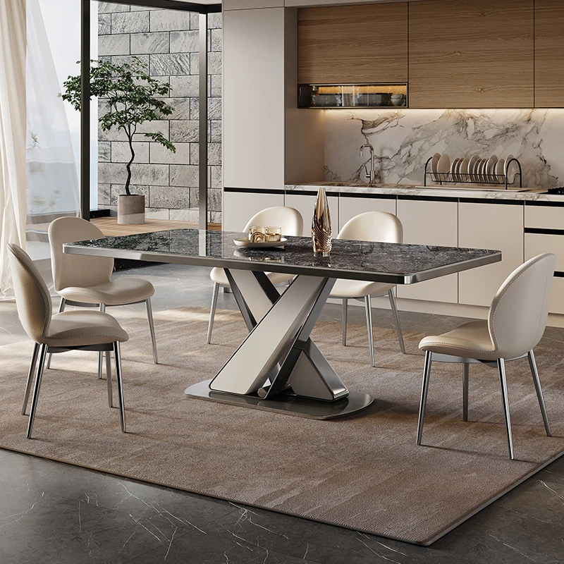 岩板餐桌现代简约轻奢小户型家用高端天然奢石长方形吃饭桌椅组合
