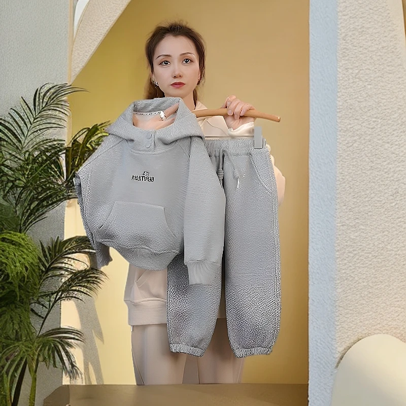 中大童冬季新款连帽卫衣卫裤套装加绒加厚运动时尚两件套休闲服装