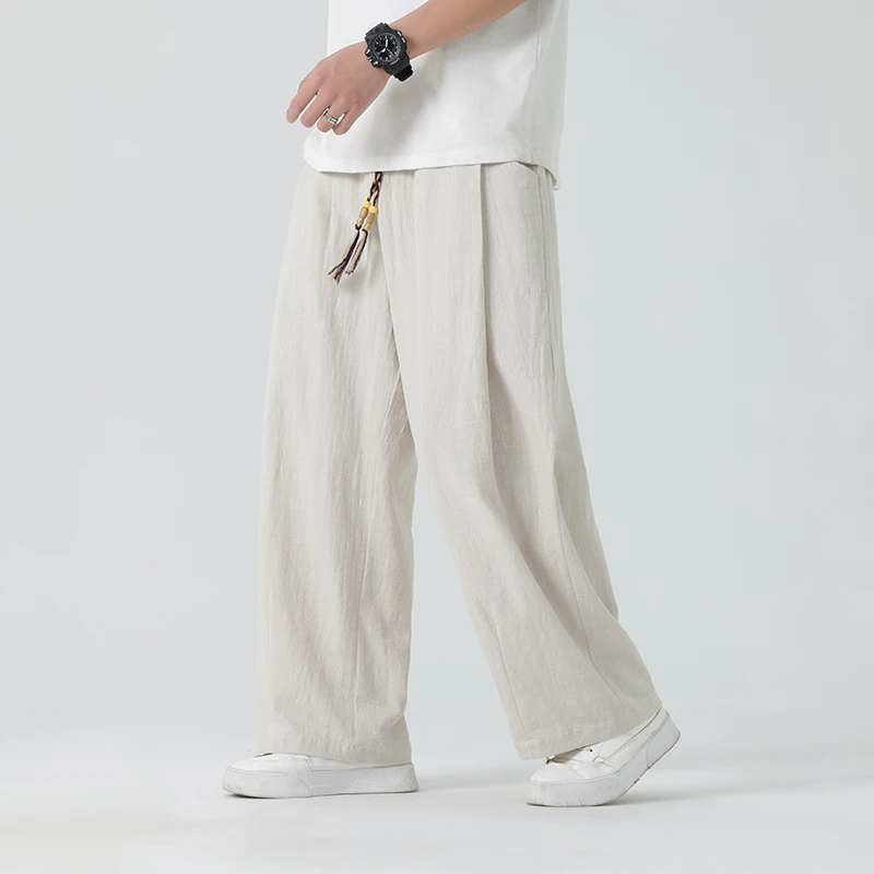 夏季亚麻中老年男国风宽松阔腿裤中式大码爸爸休闲裤棉麻直筒长裤