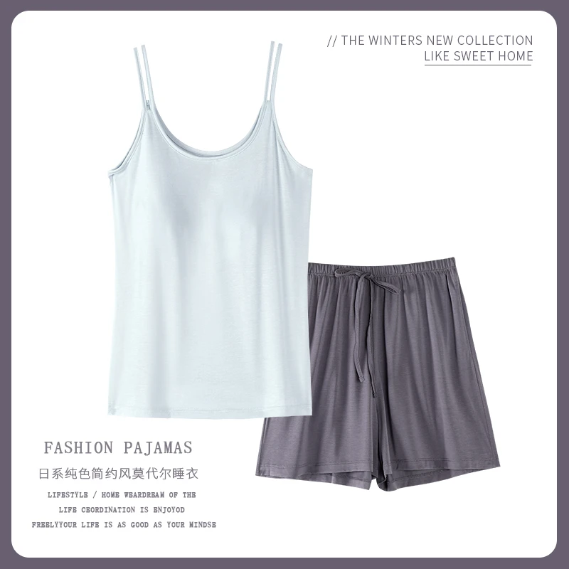 自带胸垫吊带短裤睡衣女夏季薄款莫代尔棉冰丝大码家居服两件套装