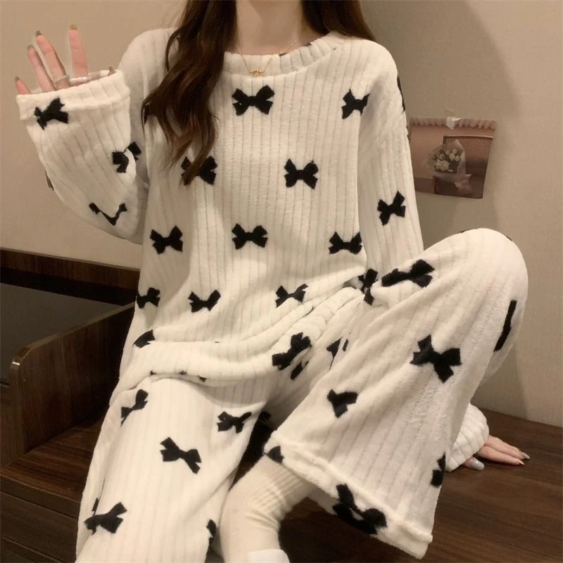 珊瑚绒睡衣女秋冬长袖ins日系甜美蝴蝶结加绒加厚学生家居服套装