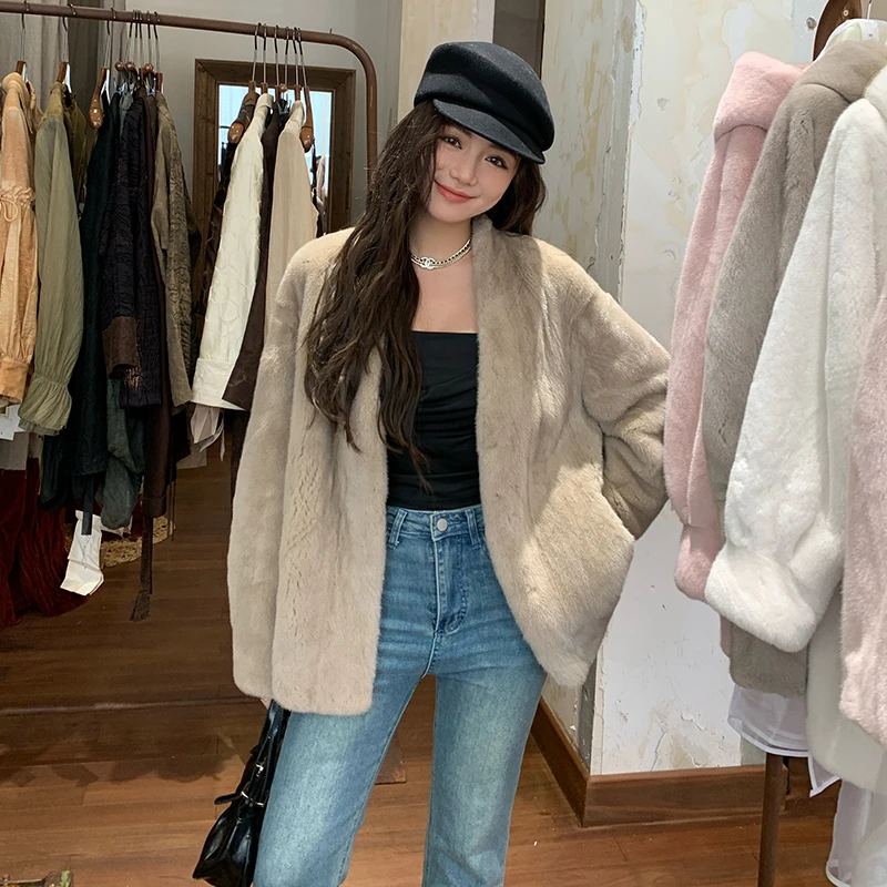 当韵【璀璨之星】进口水貂外套女装V领年轻款貂皮大衣海宁皮草冬季