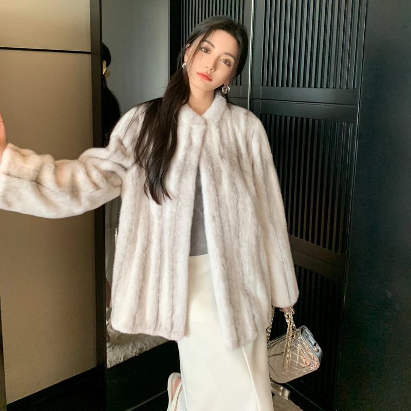 进口十字貂皮大衣女立领2024新款紫金短二全抽刀水貂皮草外套时尚