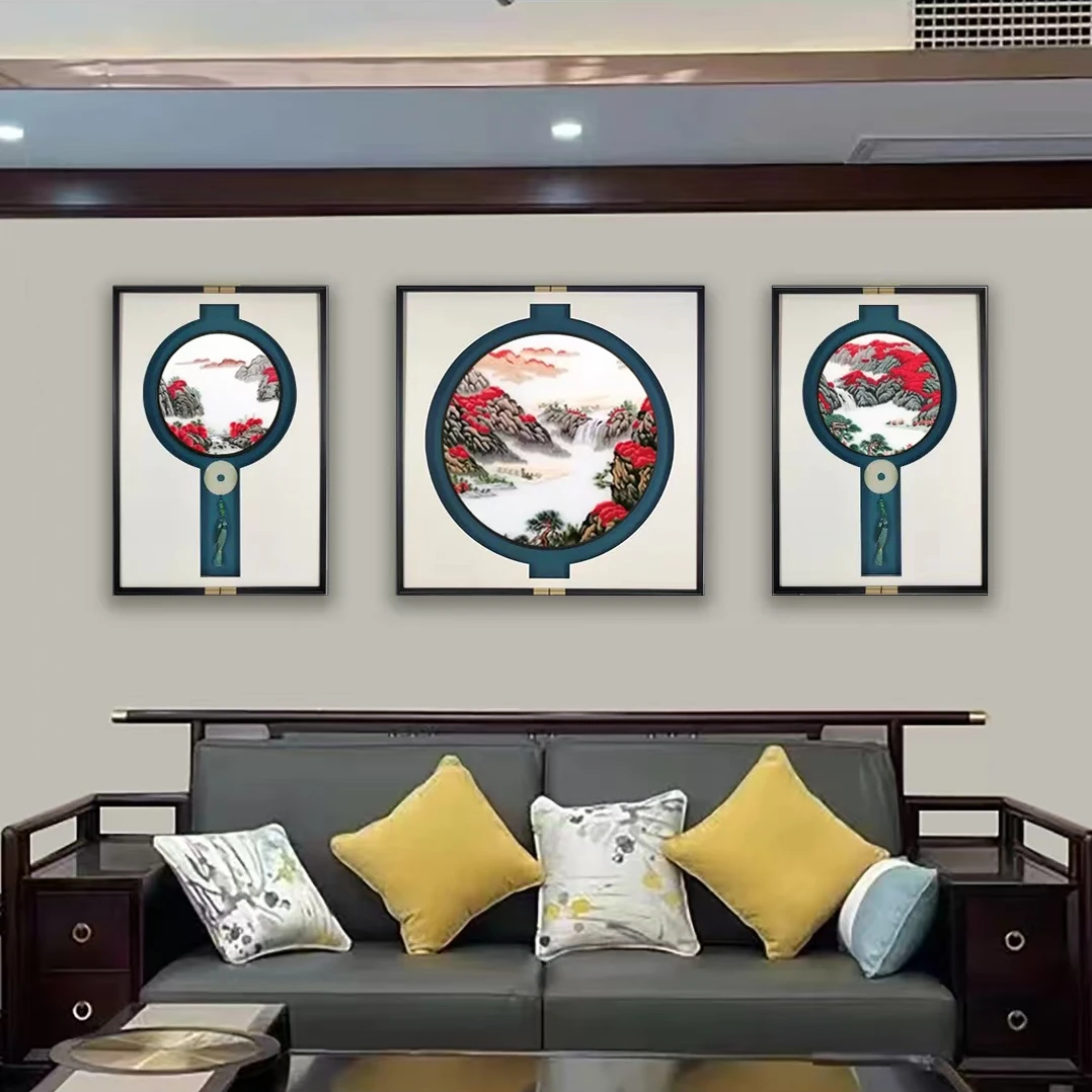 鸿运当头高级感中式新款苏绣刺绣客厅三联画挂画沙发背景墙装饰画