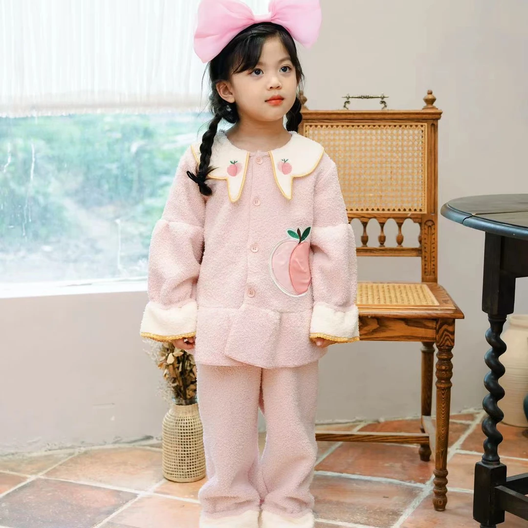 【蜜桃】秋冬泰迪绒女童保暖家居服可爱卡通中大童亲子加厚套装3950