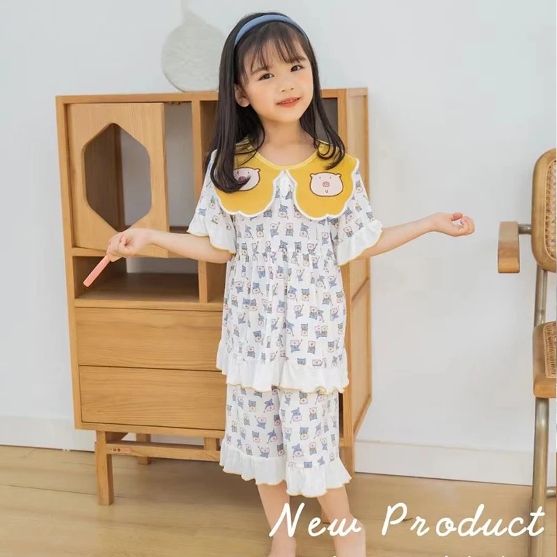 【月亮猪套】夏季新款儿童睡衣女孩5A优可丝抑菌短袖短裤家居服3770