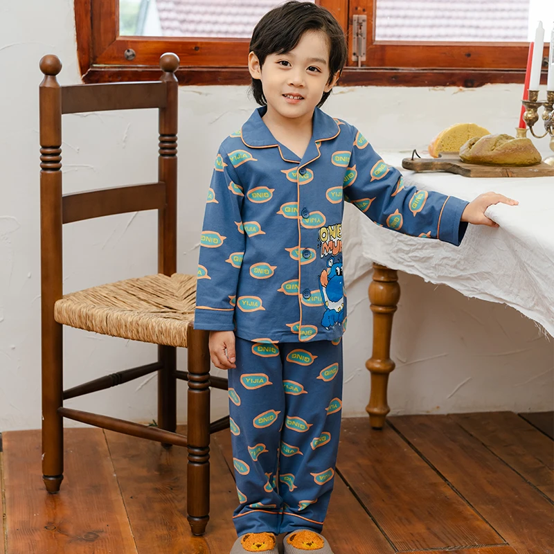 【圆形字母】儿童睡衣男童春秋莱卡棉家居服卡通大童家居套服3911