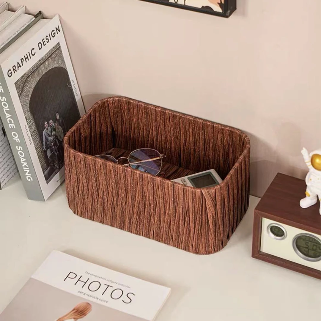 桌面收纳整理盒手工编织收纳筐化妆品钥匙面膜多格杂物玩具收纳篮