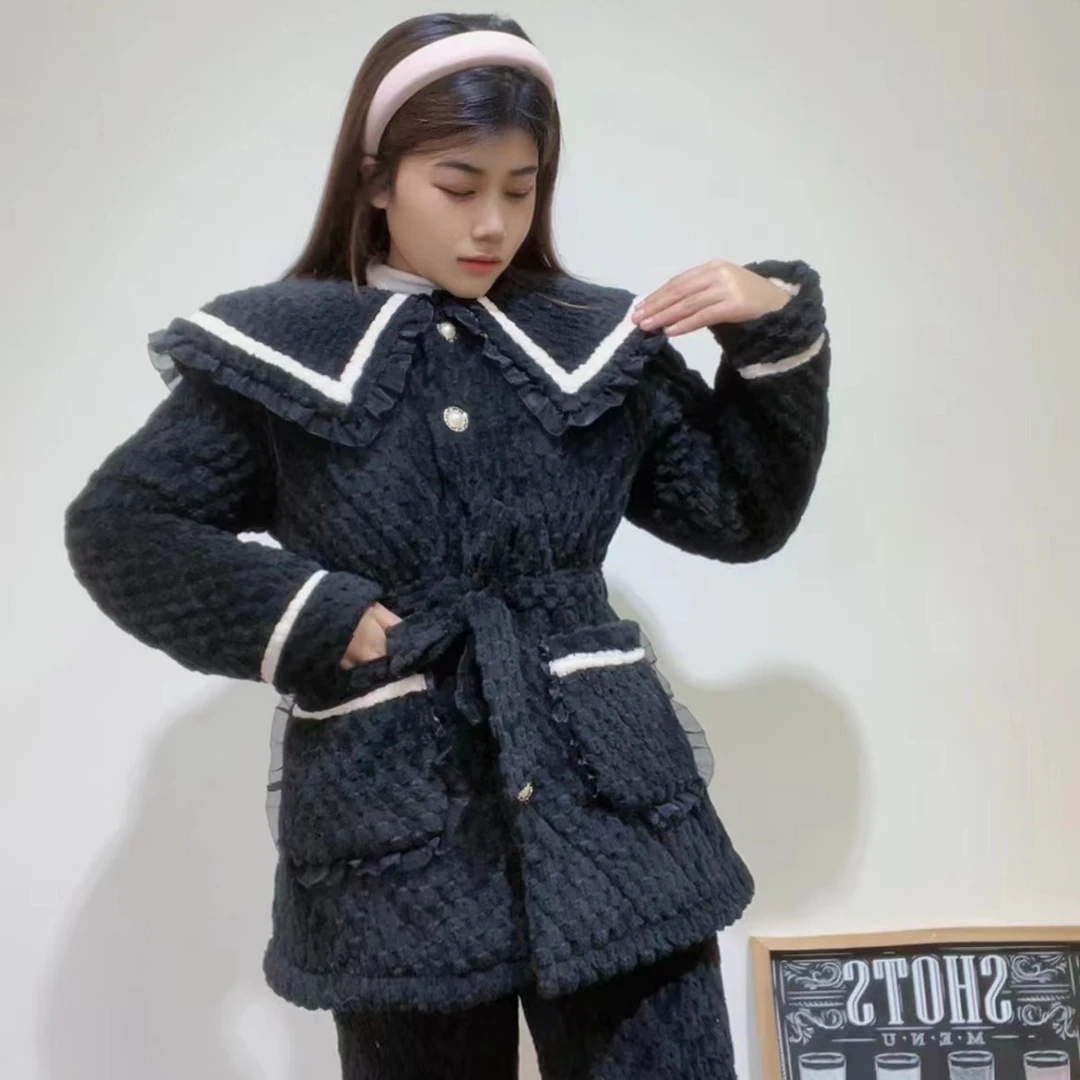 T1047冬季加厚加绒保暖套装家居服睡衣时尚黑色洋气翻领秋冬