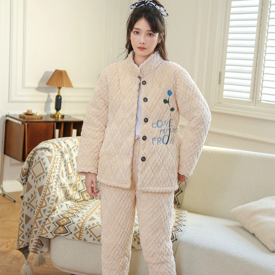 T1033翻领加绒加厚女士家居服睡衣套装绣花款可外穿