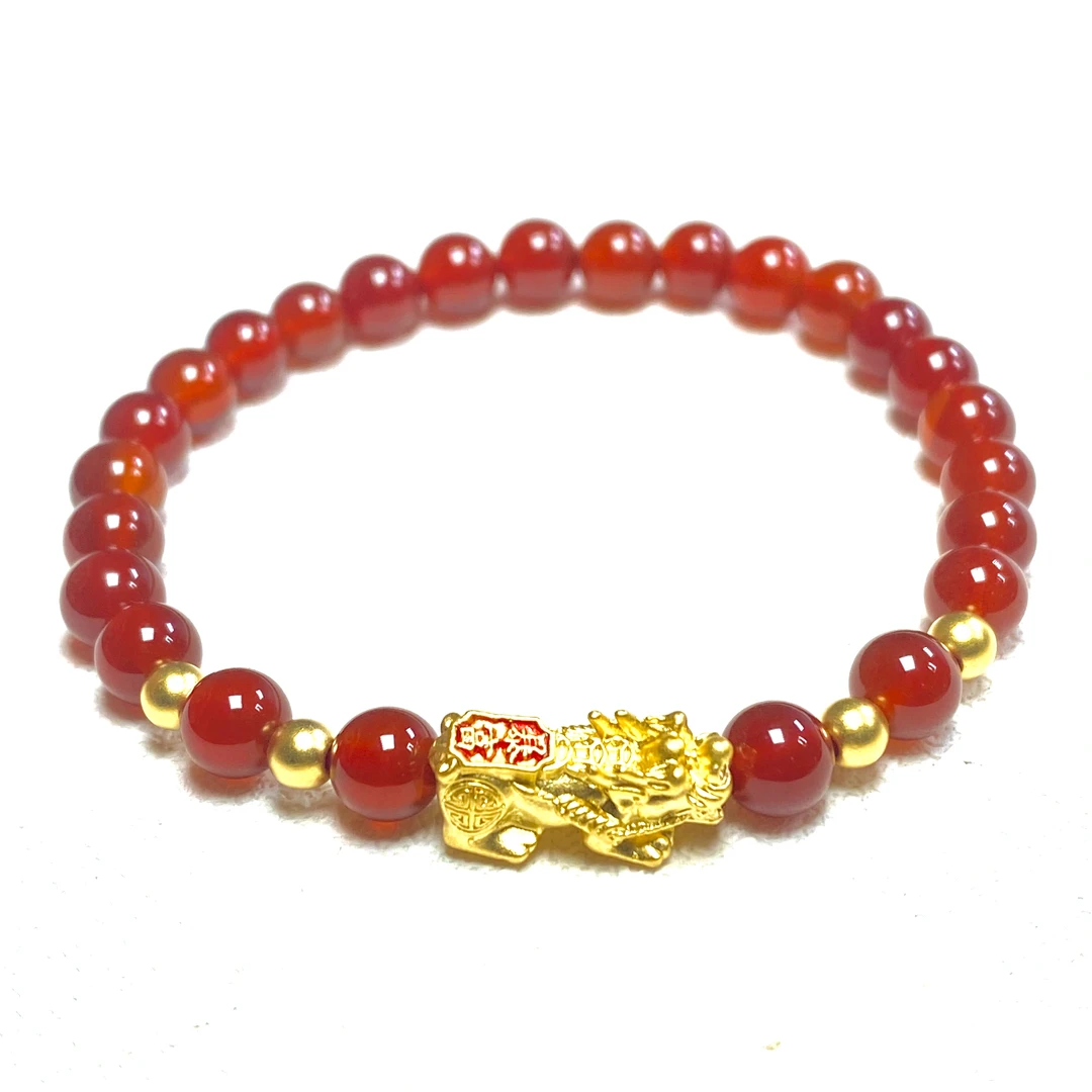 足金999烧蓝款暴富貔貅+4颗卡4古法金珠红玛 瑙手串@@A246
