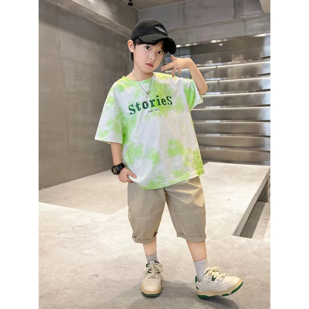 【LAOHE】  TX-2013 儿童  扎染中性休闲短袖 韩版  时尚拼色打底衫