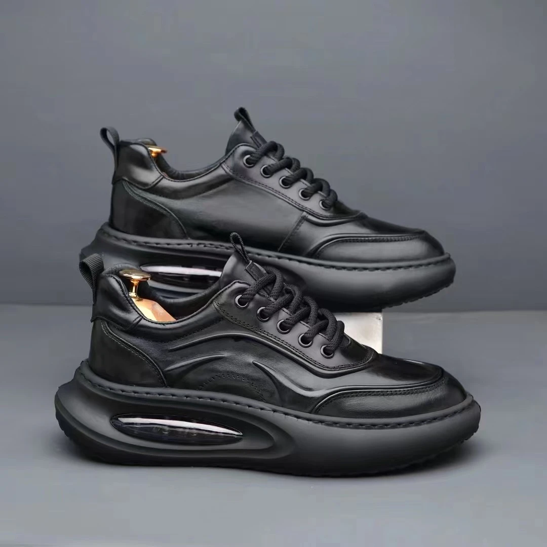 头层手抓牛皮新款冬季加绒时尚真皮厚底增高超轻耐磨软底男鞋减震