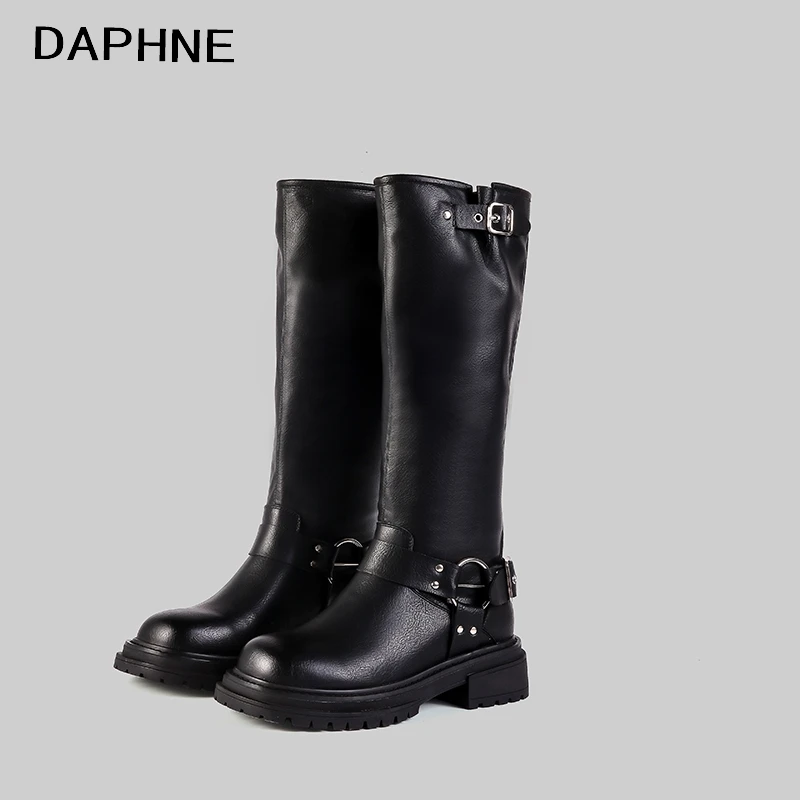 Daphne/达芙妮2023年英伦风秋冬皮带粗跟长筒靴厚底增高骑士靴子