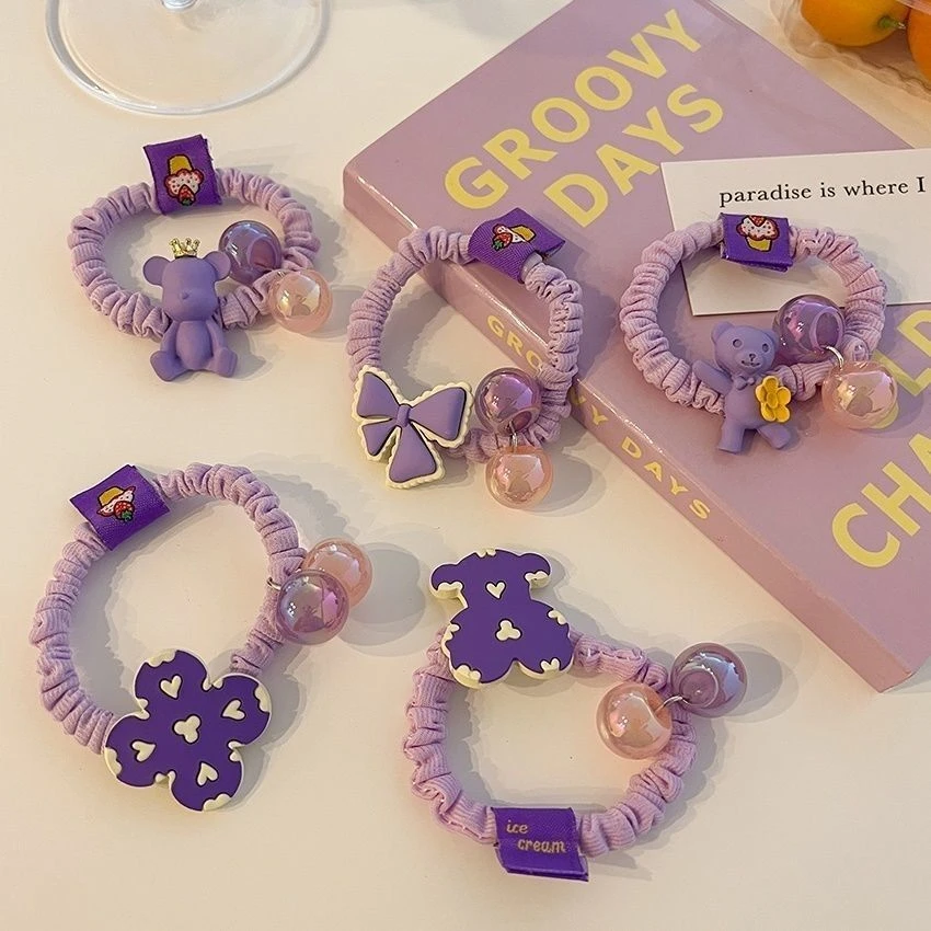 拾想儿童皮筋高弹力不伤发紫色头绳可爱小熊大肠发圈小女孩扎马尾