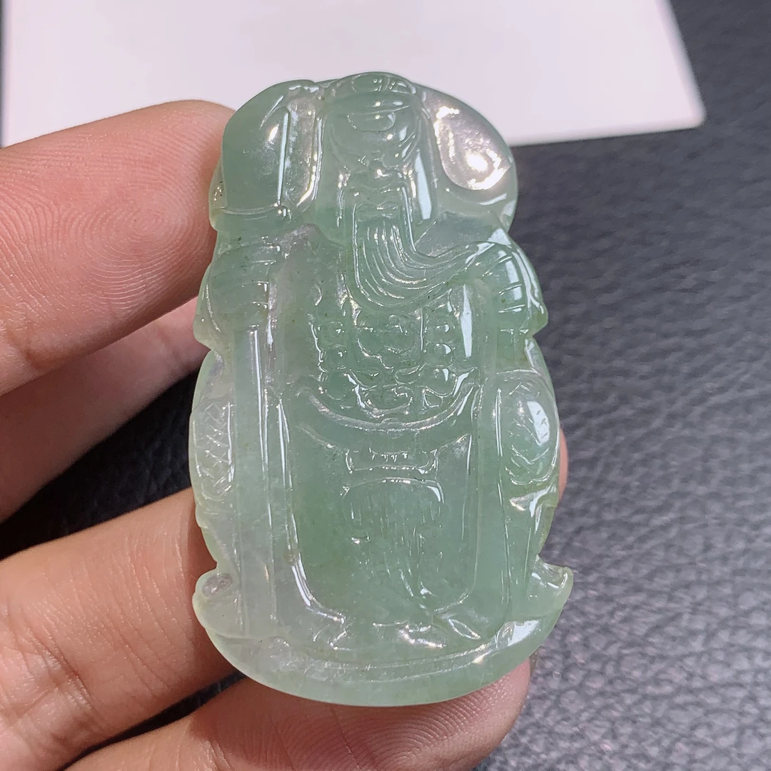 天然翡翠A货冰种满绿晴底关公挂件吊坠尺寸50x28.9x5.7男女款