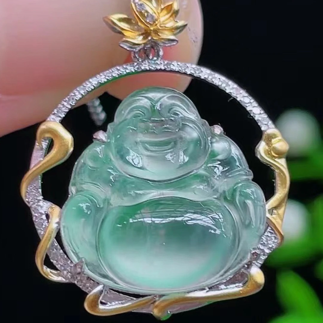 天然翡翠缅甸A货18k金镶嵌冰种佛公吊坠挂件