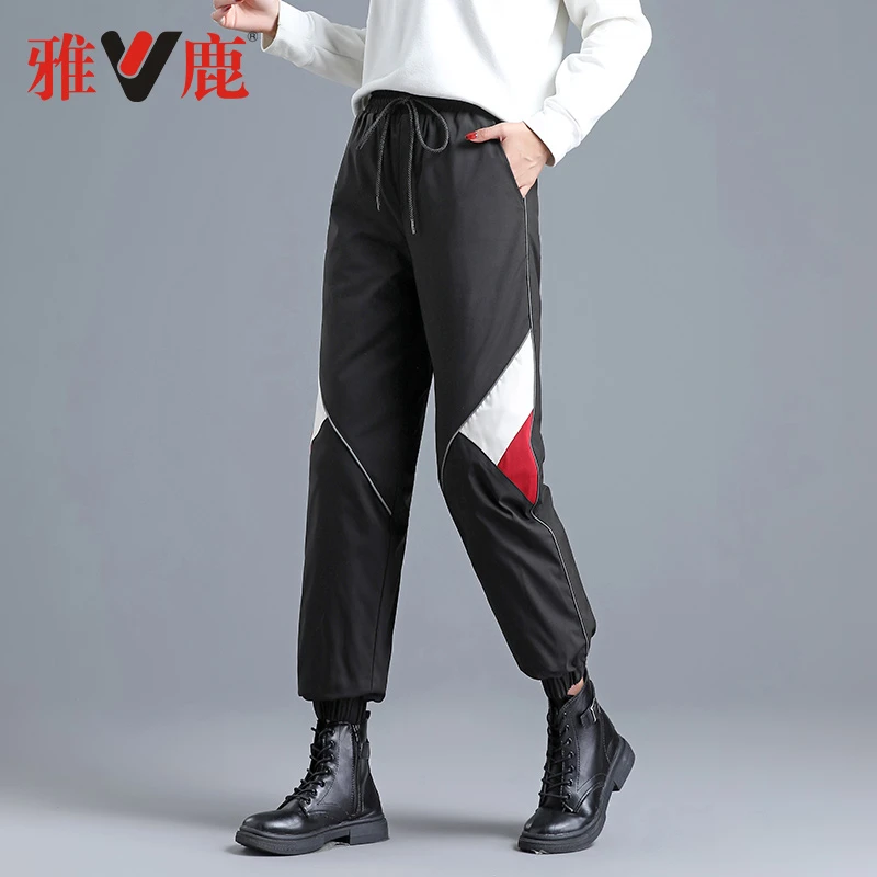 雅鹿90白鸭绒新款羽绒裤女冬外穿高腰白鸭绒休闲运动撞色拼接1421