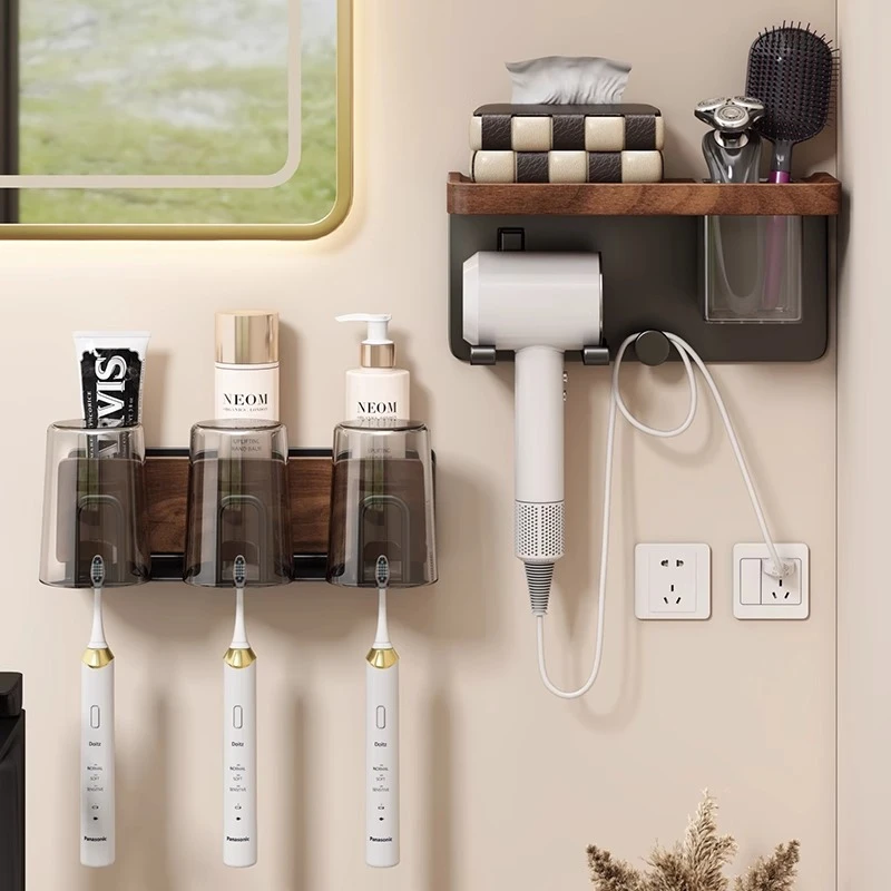 胡桃木牙刷架子置物架免打孔电动牙刷支架牙杯壁挂架洗漱口杯挂架