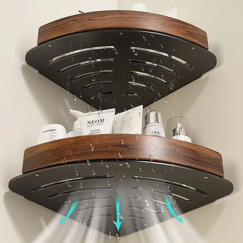 胡桃木卫生间置物架免打孔浴室洗漱台厕所转角沐浴露收纳三角架子